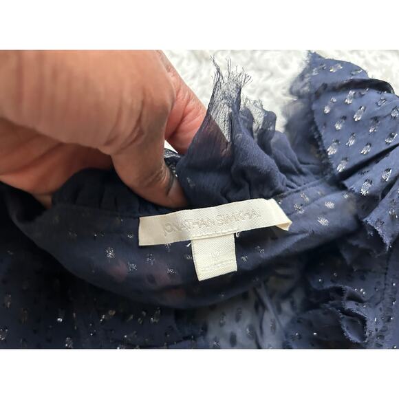 Johnathan Simkhai Navy Semi Sheer Chiffon Ruffle Blouse Size Medium - Picture 11 of 12